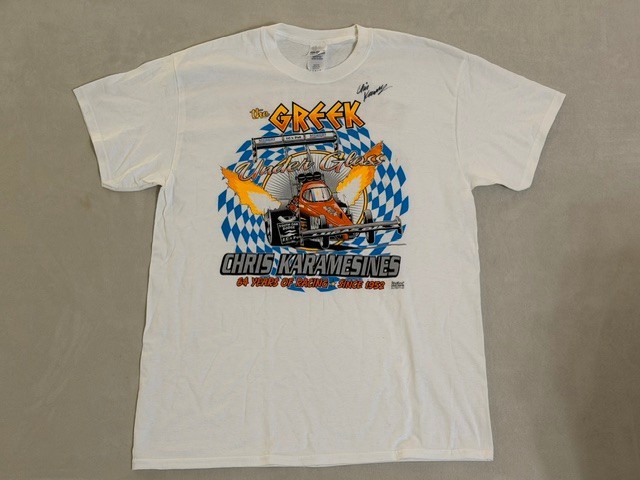 Vtg Chris Karamesines THE GREEK Drag Racing Under Glass TShirt SIGNED NHRA