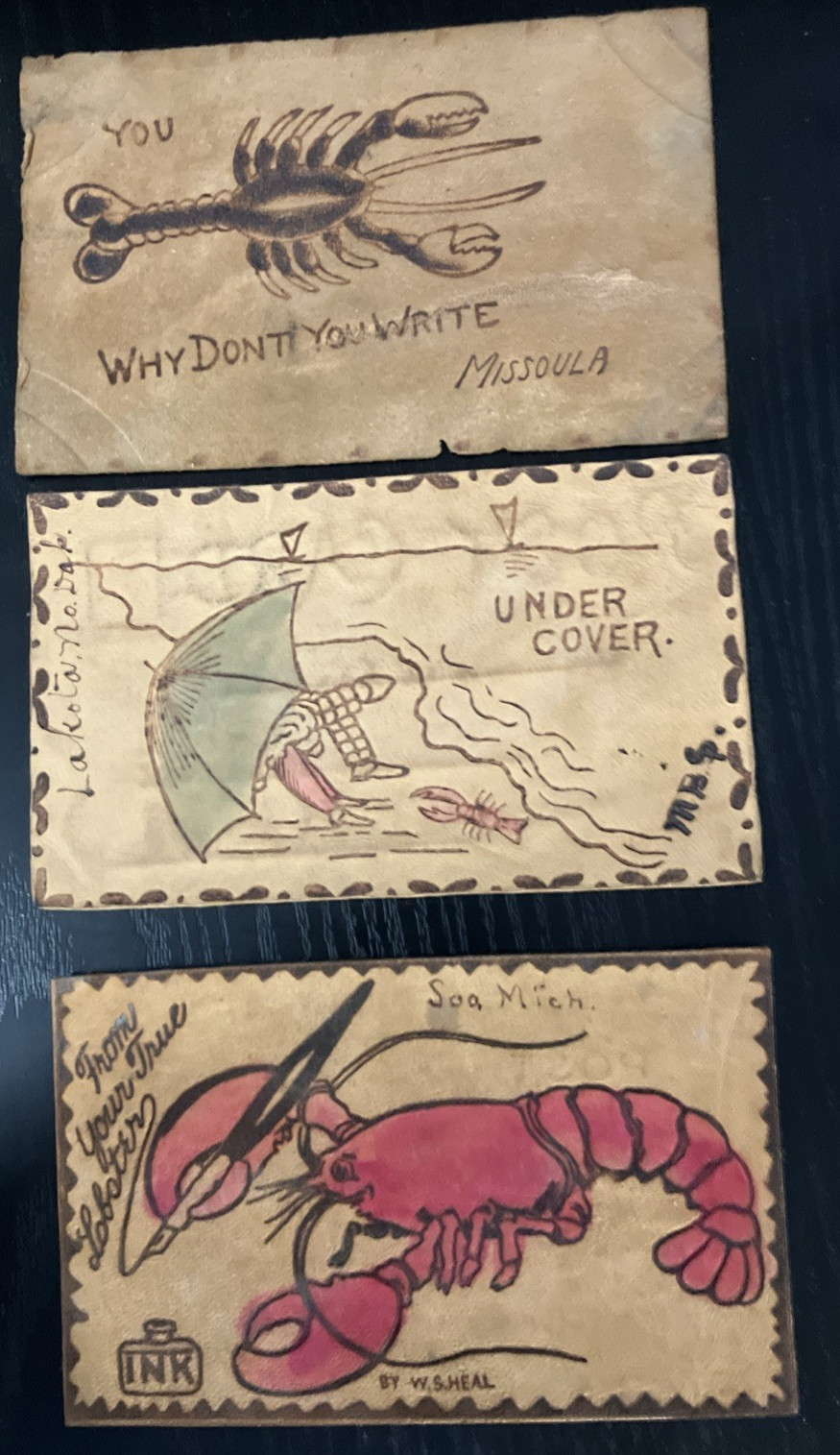 Set of 3 Posted Antique Leather Postcards 1903-1907 Lobster Novelty W.S. Heal F Set of 3 Posted Antique Leather Postcards 1903-1907 Lobster Novelty W.S. Heal F