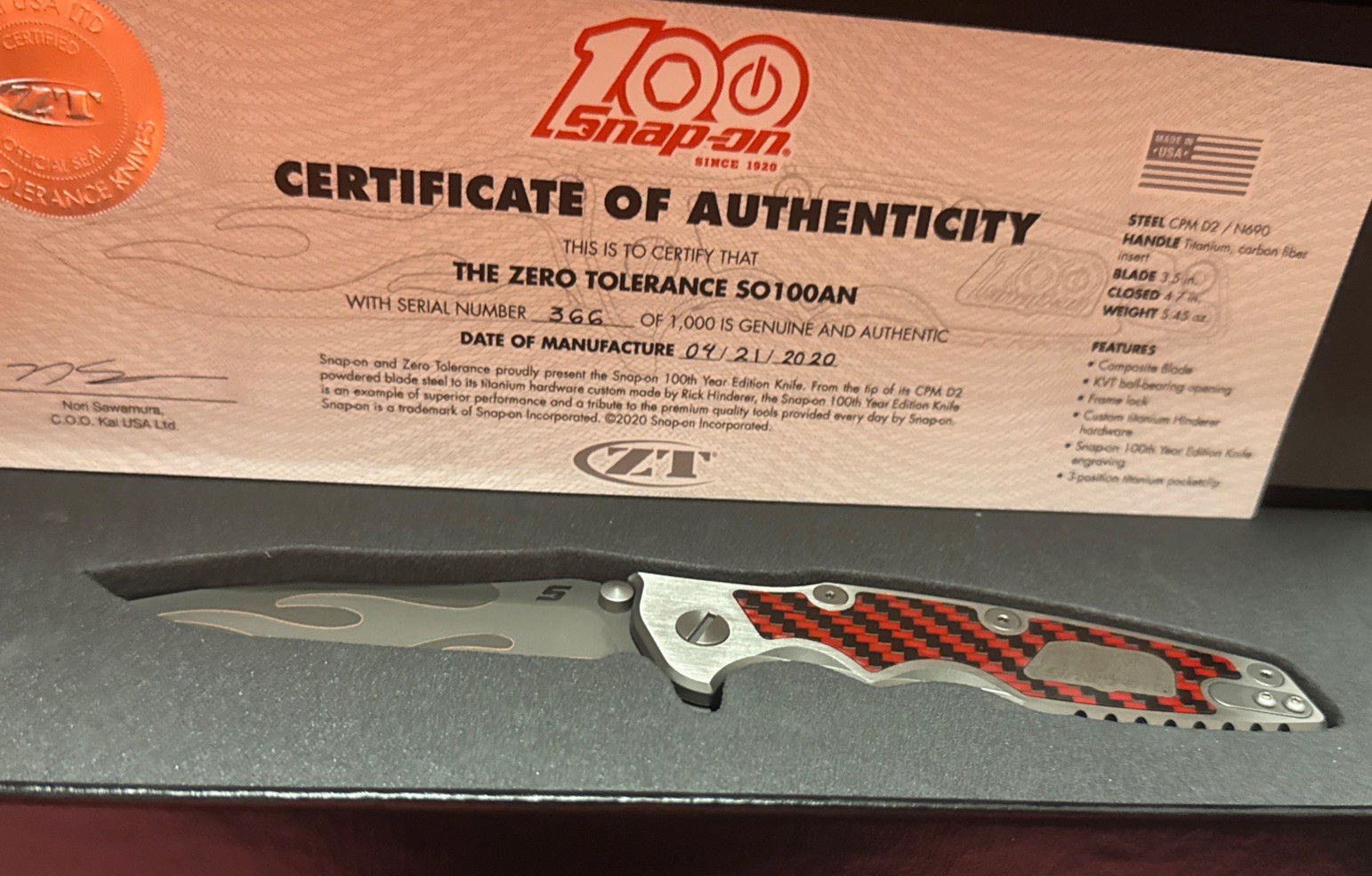 Snap- On Tools 100th Anniversary Collectible Knife Snap- On Tools 100th Anniversary Collectible Knife