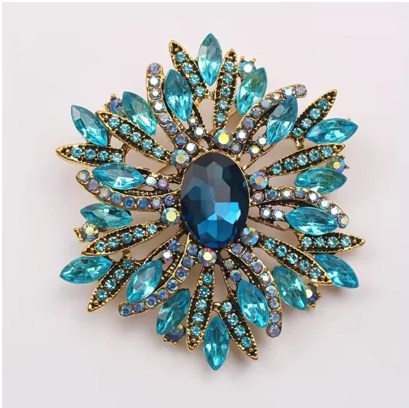 Fashion Blue Flower Gold-plated Large Brooch Pin Rhinestone Crystal Accessories Fashion Blue Flower Gold-plated Large Brooch Pin Rhinestone Crystal Accessories