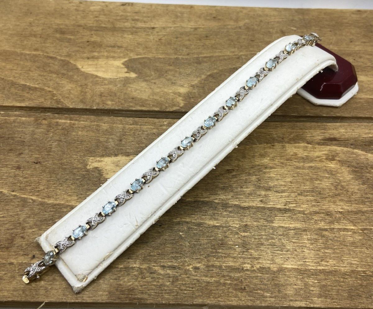 Vintage Ross Simons Aquamarine Two-Tone Sterling Silver Tennis Bracelet 7”