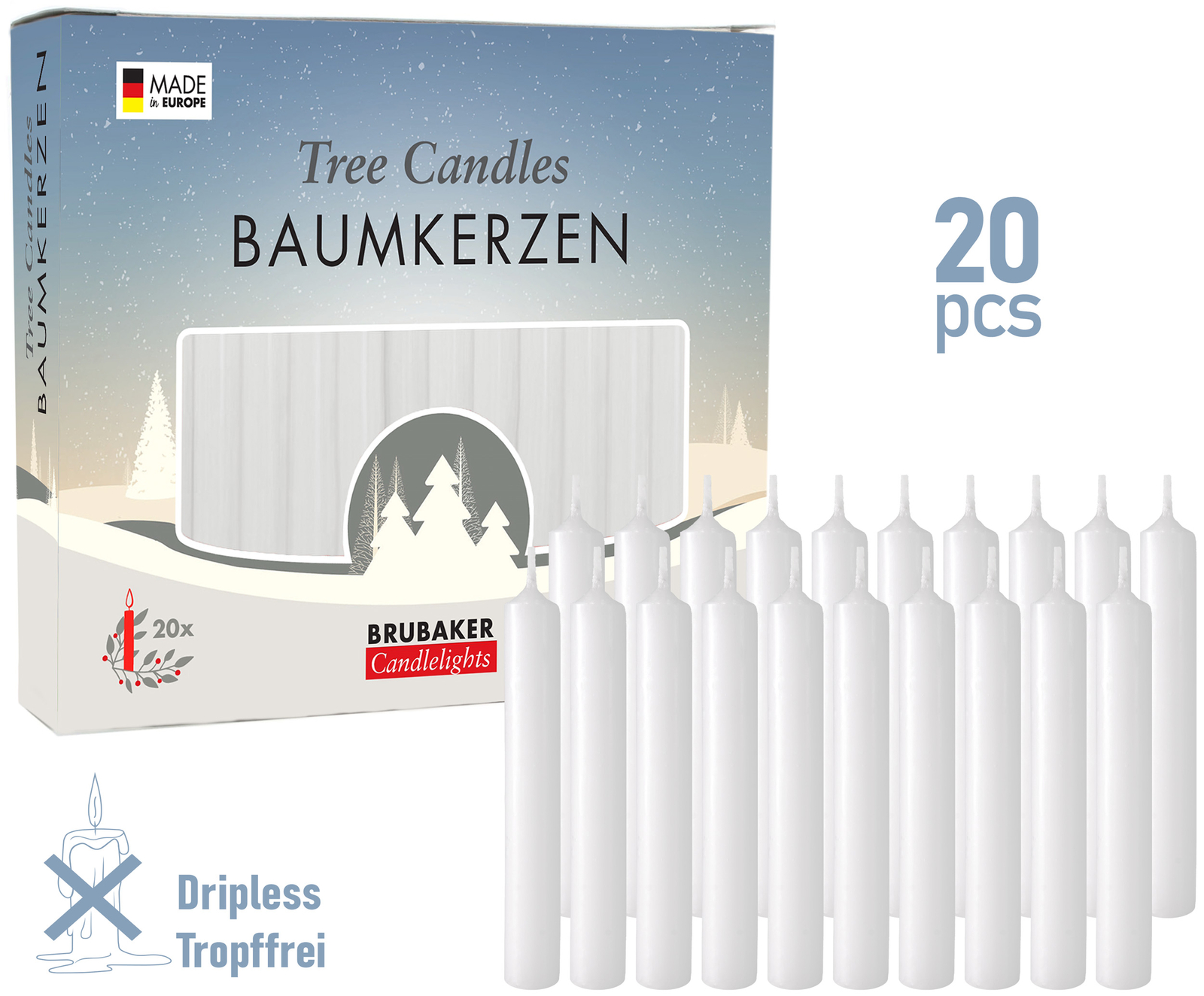 BRUBAKER Tree Candles - Pack of 20 - 9.5 cm - White BRUBAKER Tree Candles - Pack of 20 - 9.5 cm - White