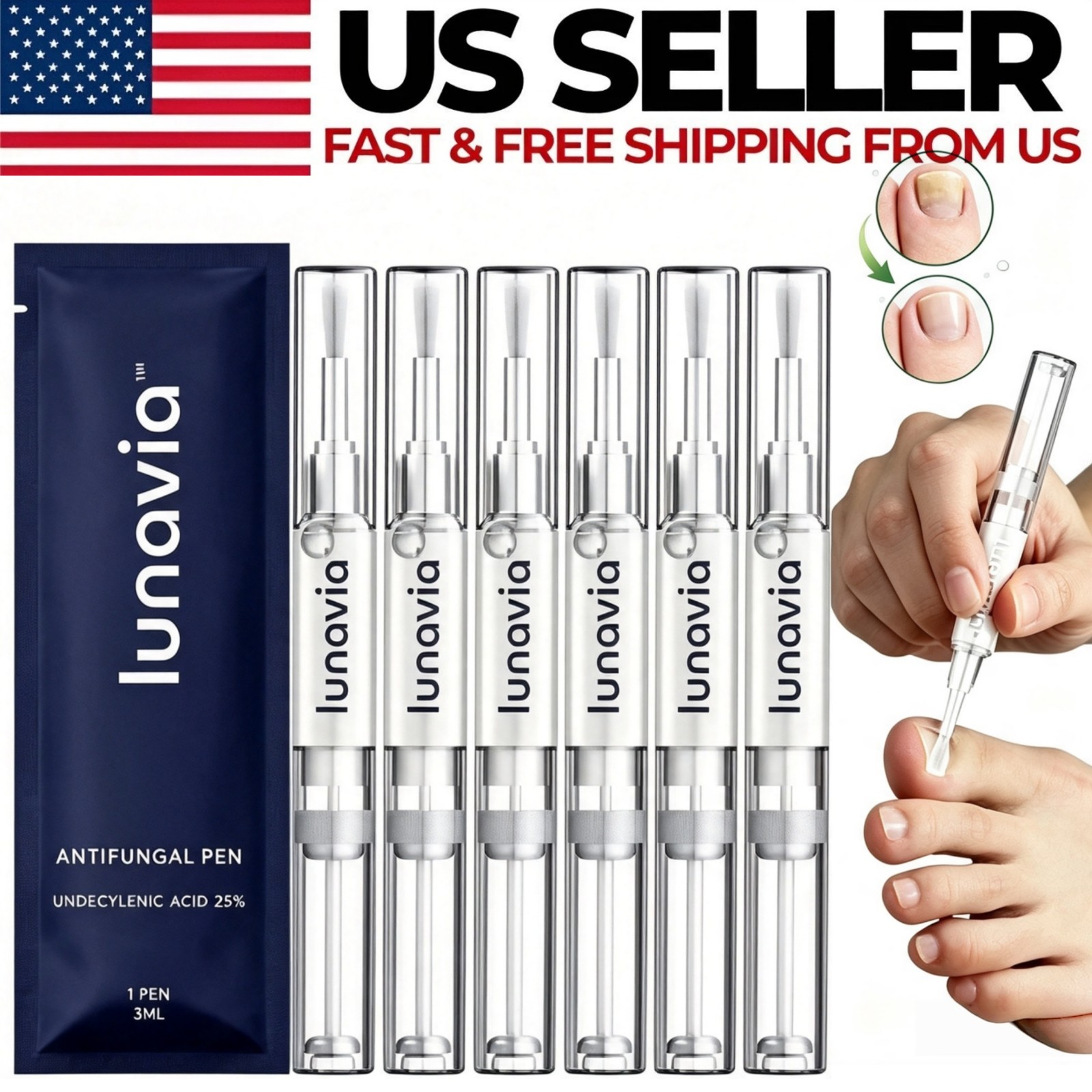 6Pack Lunavia Antifungal Pen, 25% Undecylenic Acid – Toenail Fungus Treatment US
