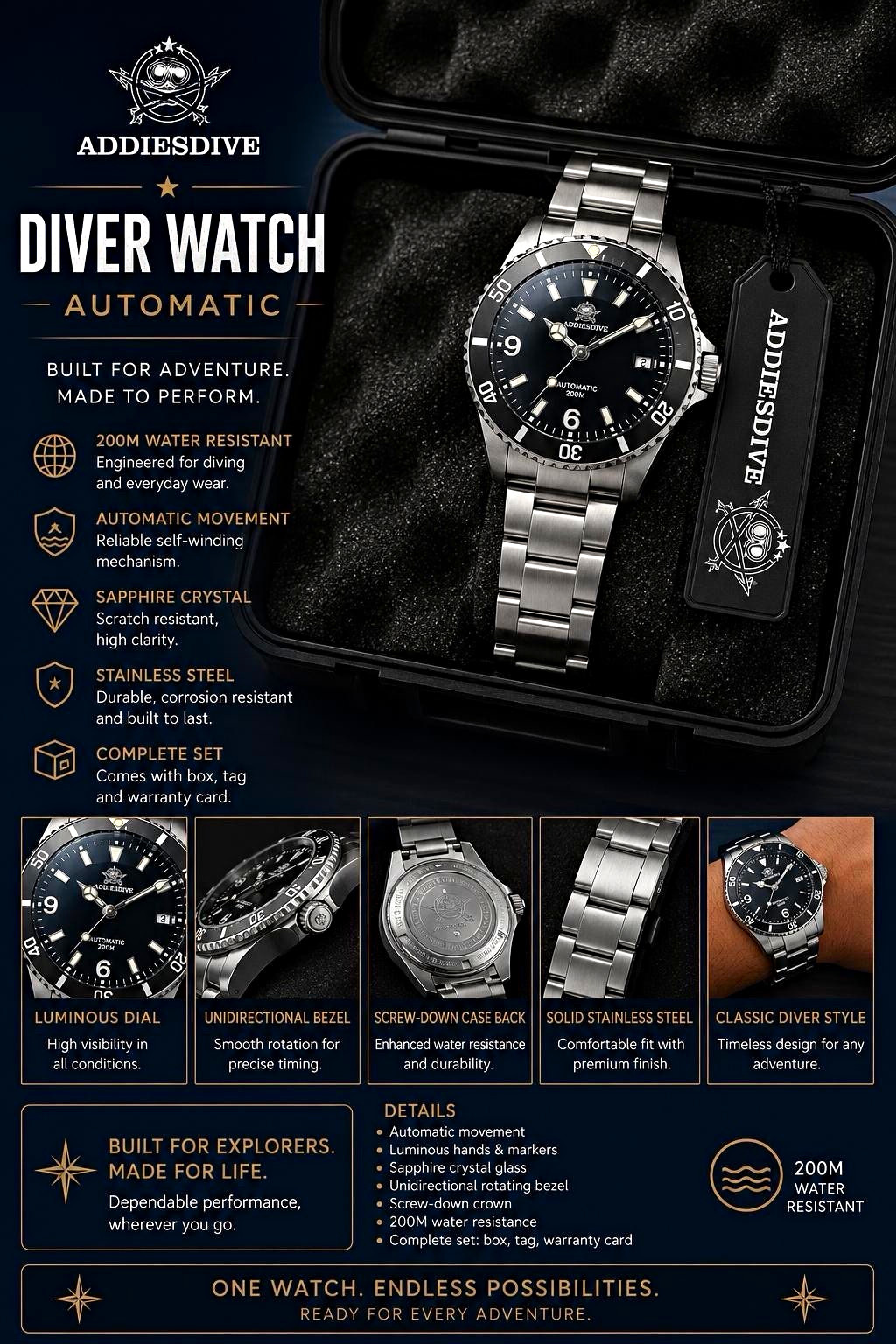 Addiesdive AD2061 Automatic Diver Watch 200m Black Dial SS Addiesdive AD2061 Automatic Diver Watch 200m Black Dial SS