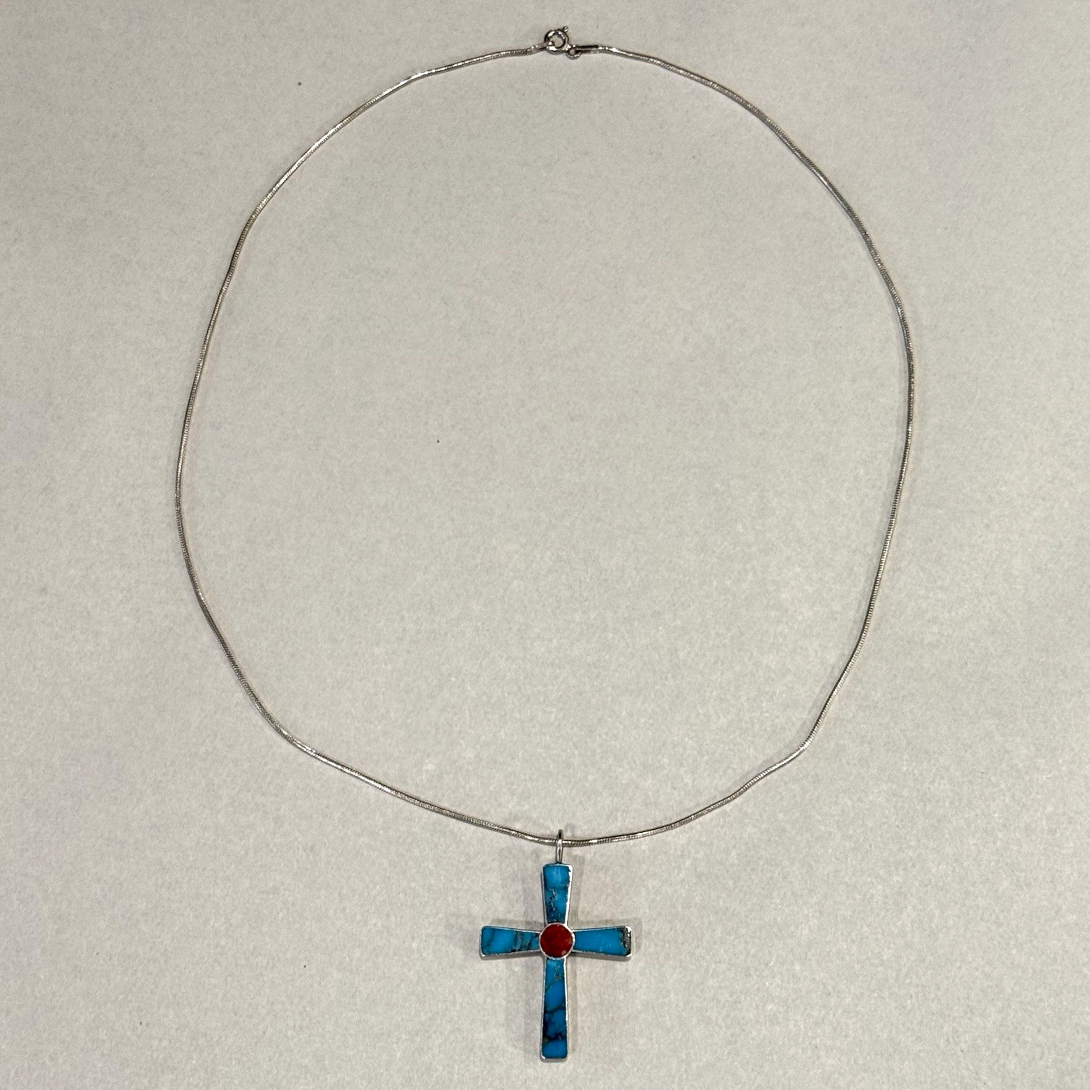 Vintage Turquoise Red Stone Cross Necklace Signed Otto Lucas Zuni NM Italy