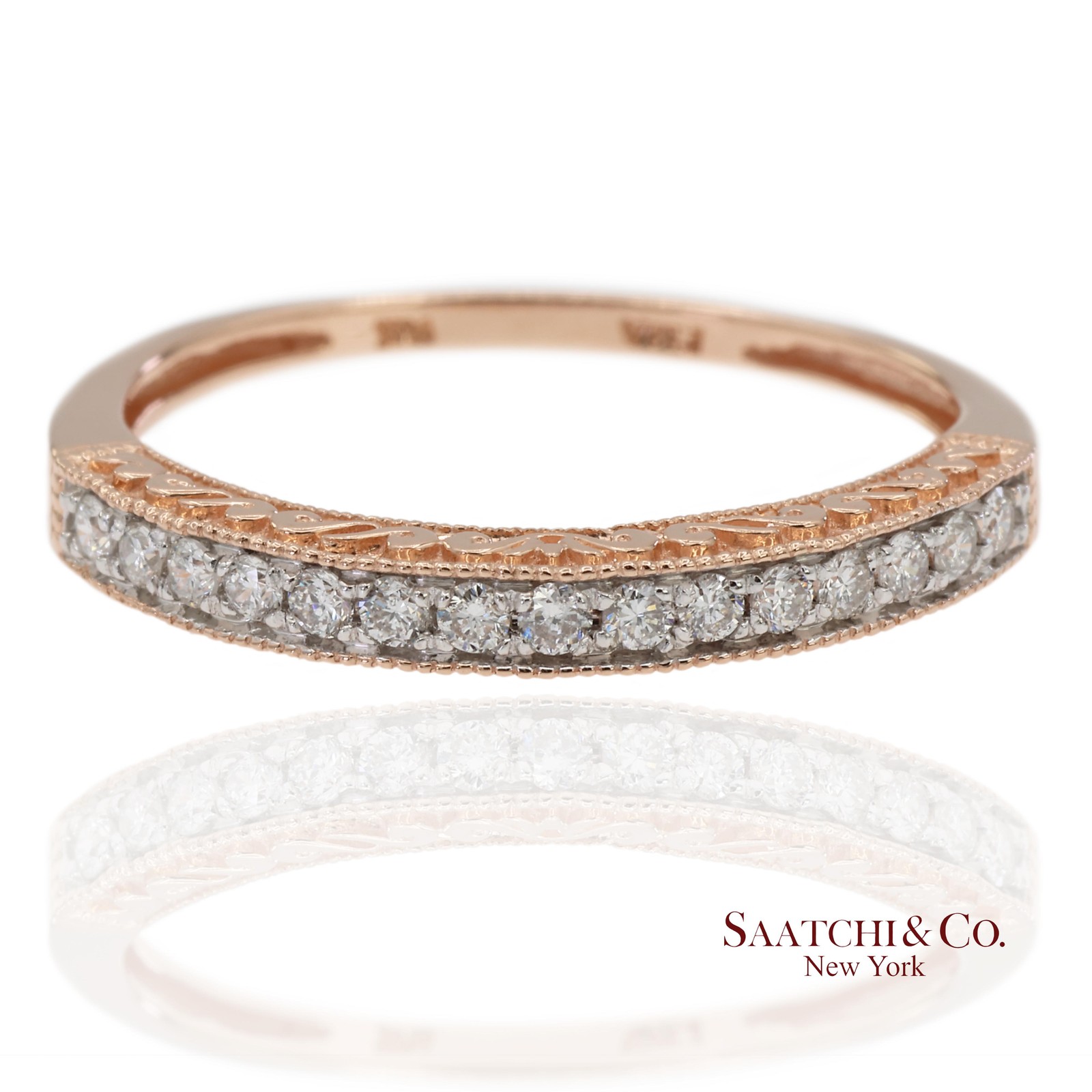14K 585 Solid Rose Gold Engraving and Milgrain Natural Diamond Band Ring
