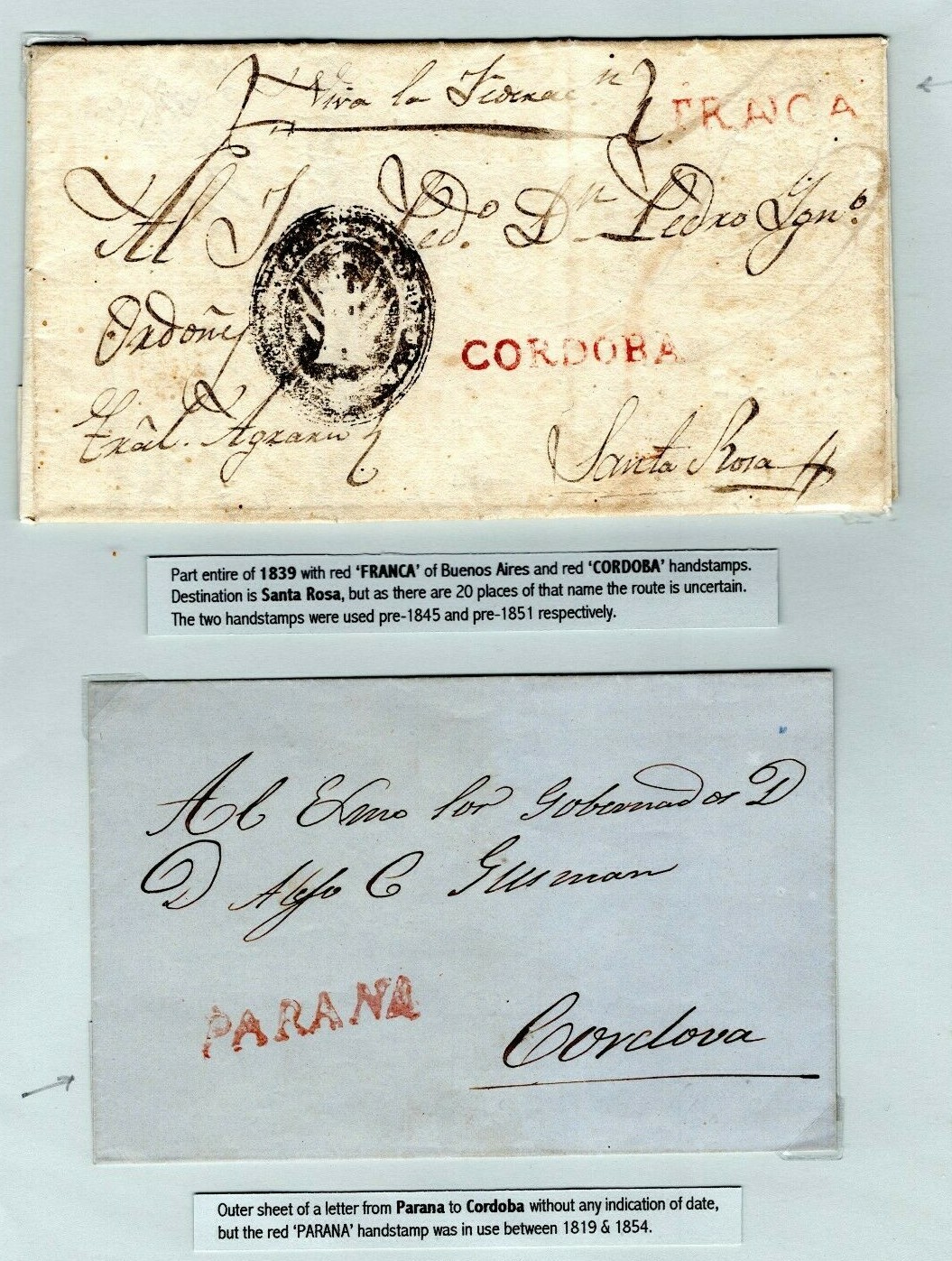 ARGENTINA Covers{2} Red *FRANCA* *PARANA* & *CORDOBA* Red Handstamps 1839 EP429 ARGENTINA Covers{2} Red *FRANCA* *PARANA* & *CORDOBA* Red Handstamps 1839 EP429