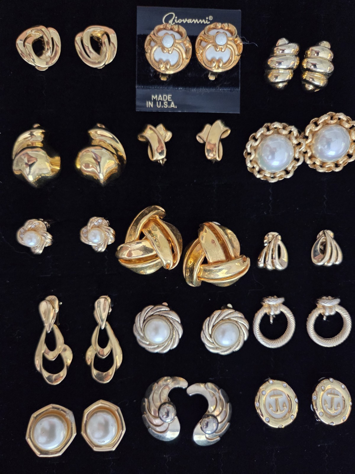 Vintage Signed 80\'s Big Chunky Gold Tone Statement Earrings Lot Pearl Clip On