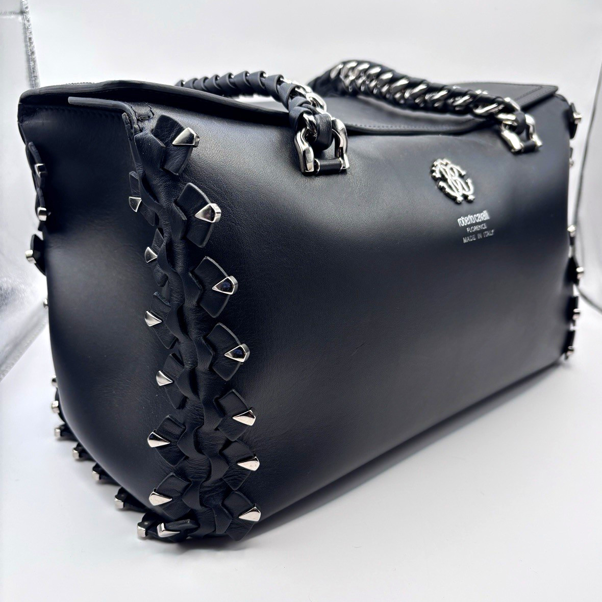 Roberto Cavalli Black Studded Braided Handle Satchel Top Handle Bag Detach Strap Roberto Cavalli Black Studded Braided Handle Satchel Top Handle Bag Detach Strap