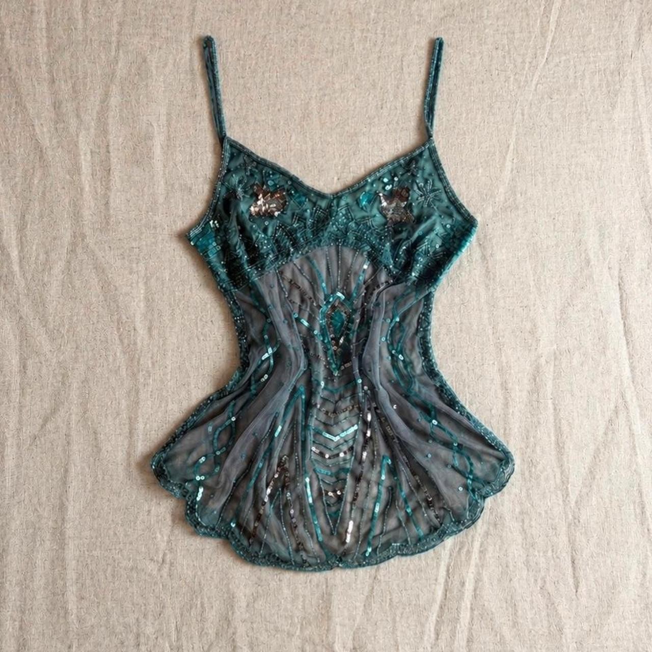 Y2K Pilot sheer mesh camisole with intricate turquoise sequin embroidery UK 12