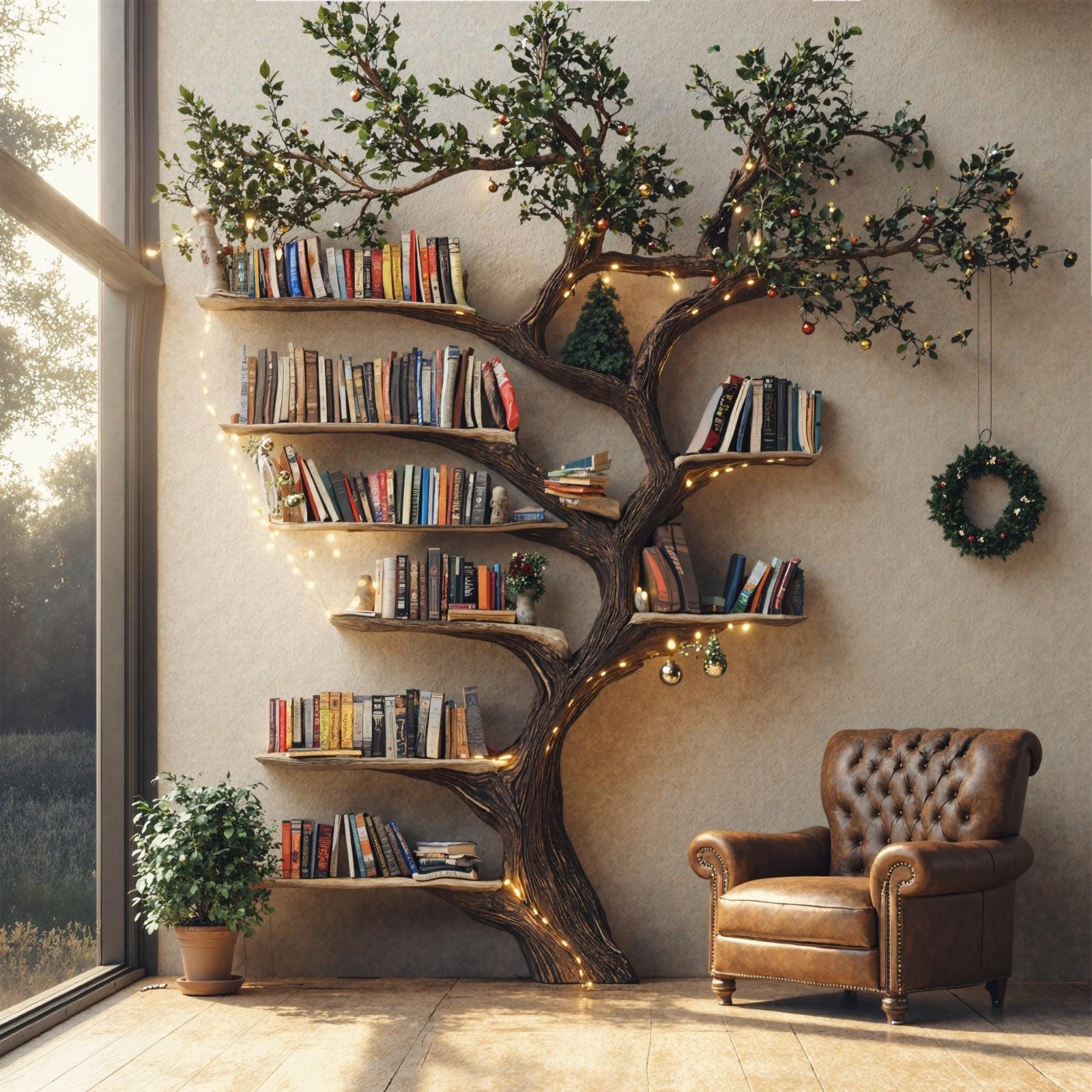 Black Tree Branch Bookshelf Mid Century Modern Wall Shelf Handmade Floating Book