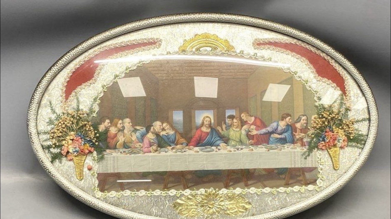 Vnt 1950s Last Supper Fool Oval Glass Frame Dried Faux Flowers Foil Mcm 19x12 Vnt 1950s Last Supper Fool Oval Glass Frame Dried Faux Flowers Foil Mcm 19x12
