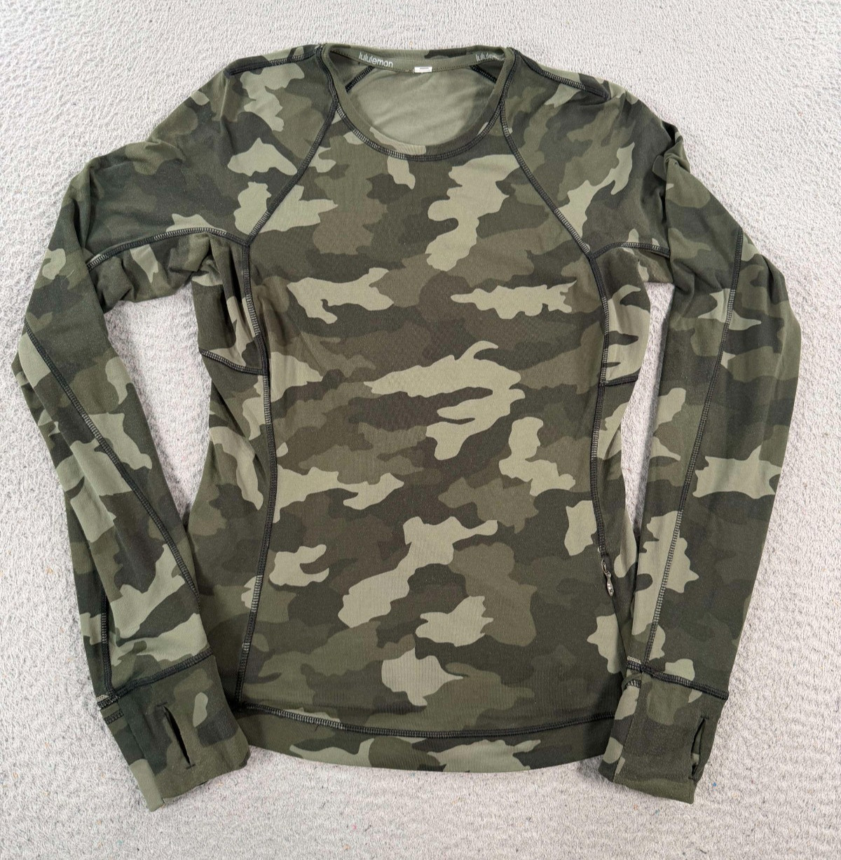 Lululemon It\'s Rulu Run Shirt Women\'s 6 Green Camouflage Long Sleeve Thumbholes Lululemon It\'s Rulu Run Shirt Women\'s 6 Green Camouflage Long Sleeve Thumbholes