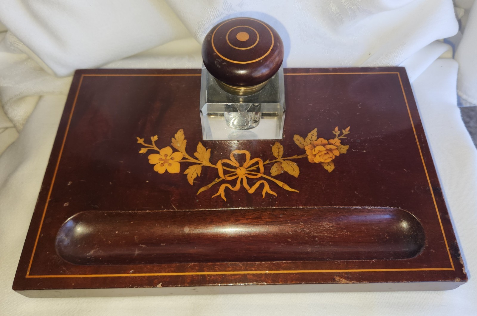 Vtg 19th Century Antique Ornate Wood & Glass Inkwell & Pen Holder Vtg 19th Century Antique Ornate Wood & Glass Inkwell & Pen Holder