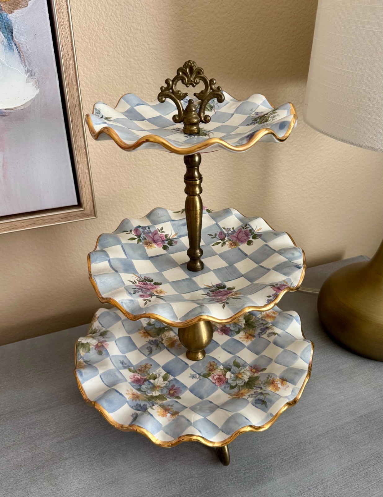 Vintage Mackenzie Childs Honeymoon Morning Glory 3 Tier Sweet Stand Vintage Mackenzie Childs Honeymoon Morning Glory 3 Tier Sweet Stand