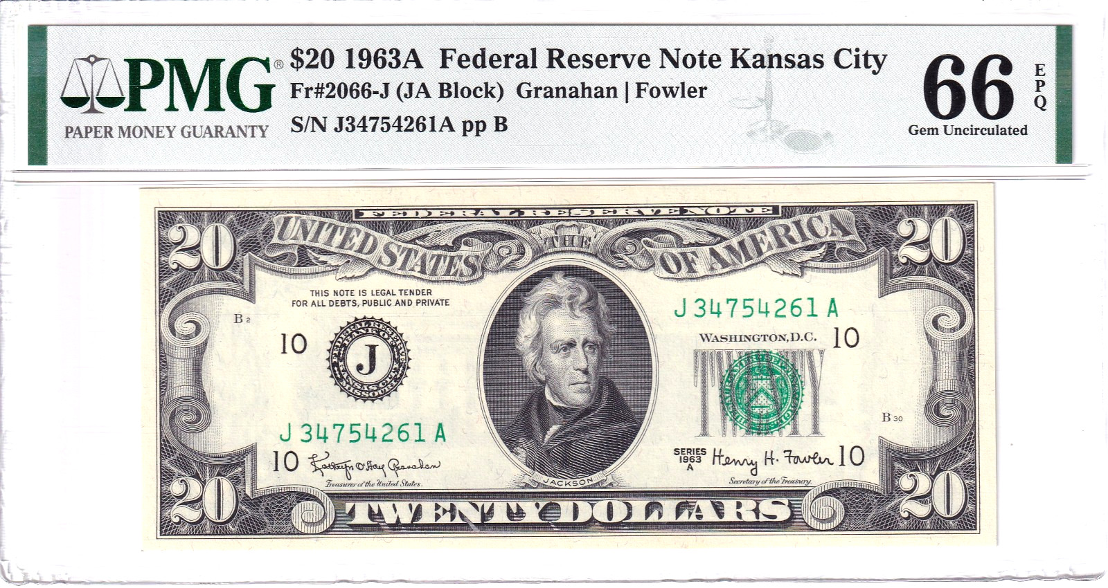 1963-A $20 Federal Reserve Note Kansas City PMG 66EPQ #J34754261A 1963-A $20 Federal Reserve Note Kansas City PMG 66EPQ #J34754261A