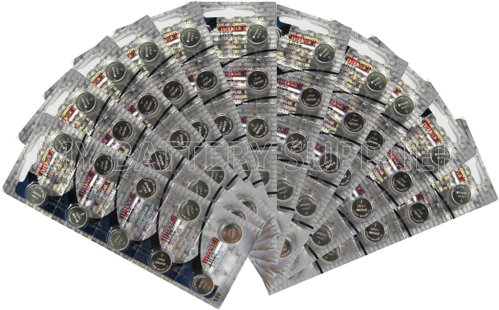 500 Maxell Batteries LR44 (A76, AG13) Alkaline Button Size Battery On Tear Strip