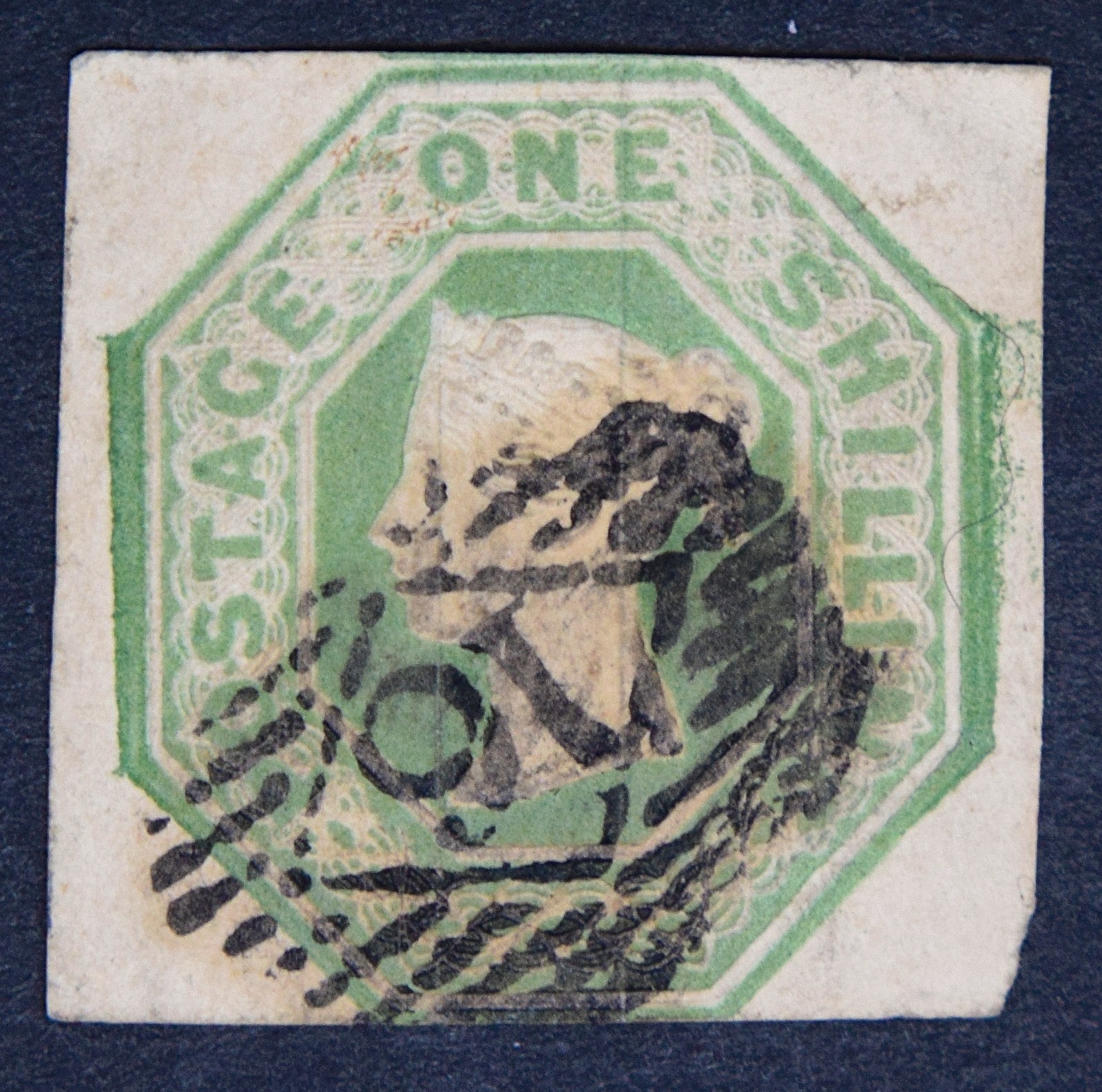GB SG54 1847 QV 1/- Pale Green, Embossed, Square cut, Fine Used, c.£750