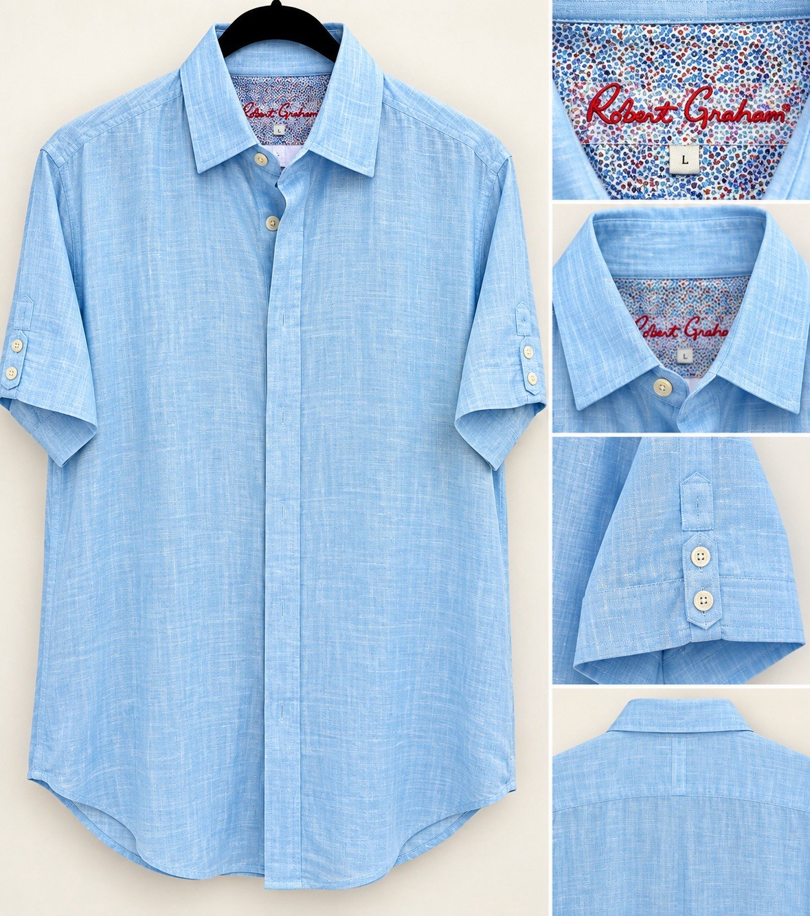 Robert Graham Men\'s Blue Solid Linen Short Sleeve Button-Up Point Collar 3xl