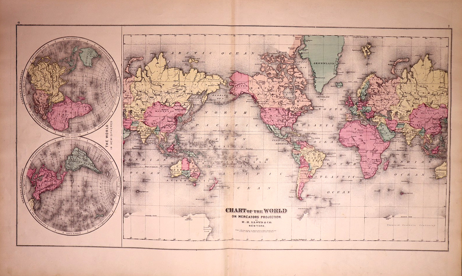 Rare Antique 1876 Map / Chart of the World + Hemispheres by H.H. Lloyd 17x28 Rare Antique 1876 Map / Chart of the World + Hemispheres by H.H. Lloyd 17x28