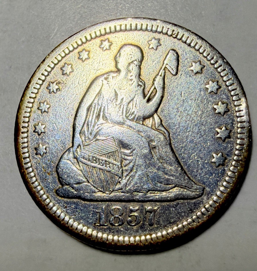 1857 p seated liberty quarter~VF+/XF Condition~Cleaned~Very Nice Coin