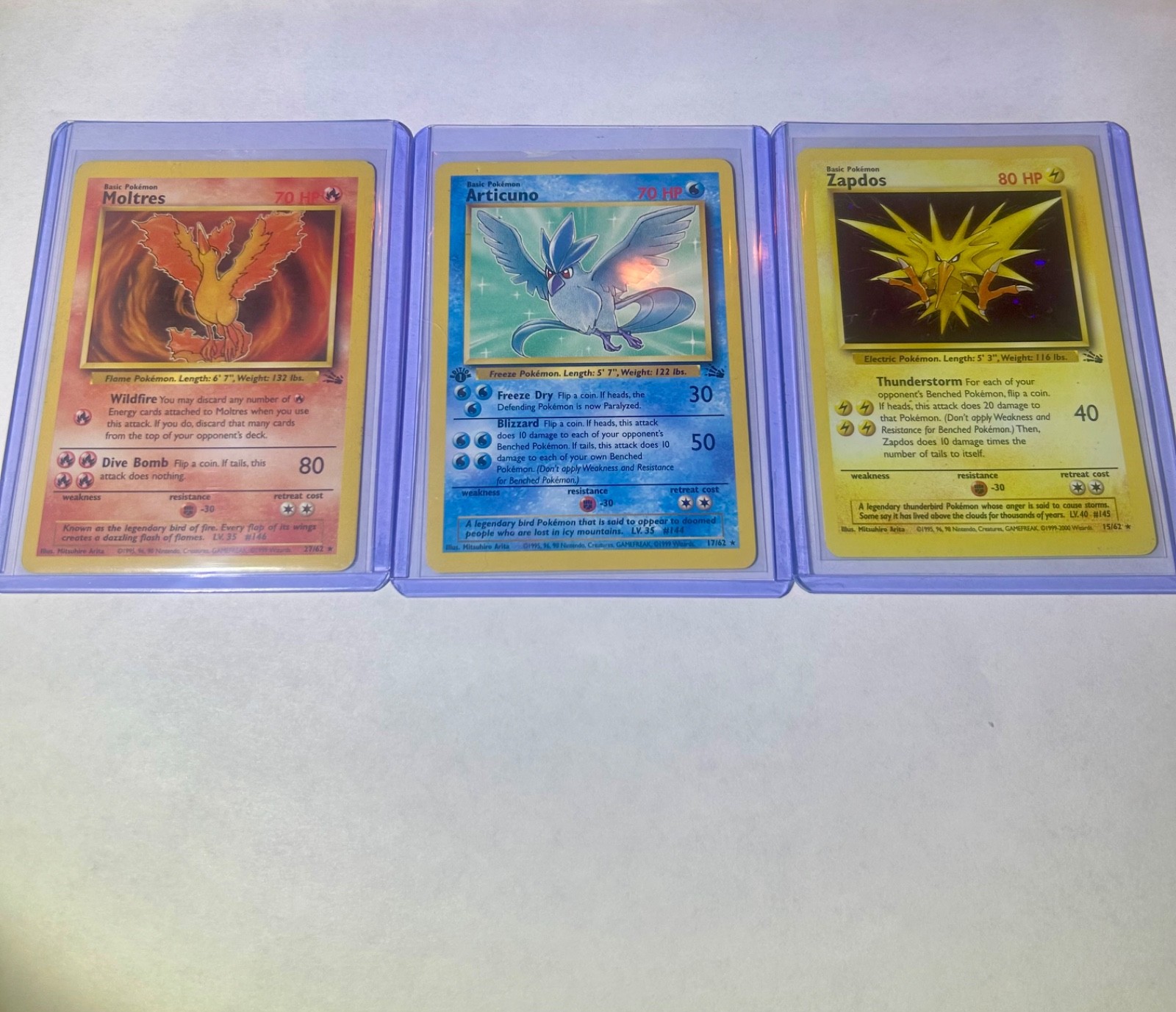 1999 Pokémon Fossil Zapdos Holo  & Moltres & Articuno 1st edition
