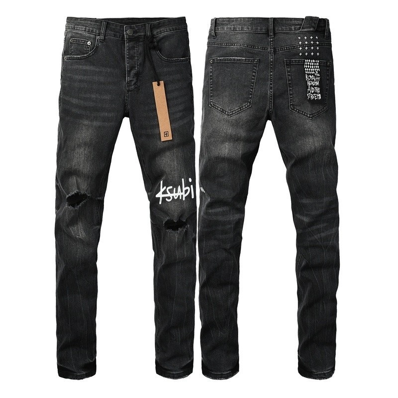 NEW KSUBI Men's Black Ripped Letter Print Skinny Distressed High Street Jeans