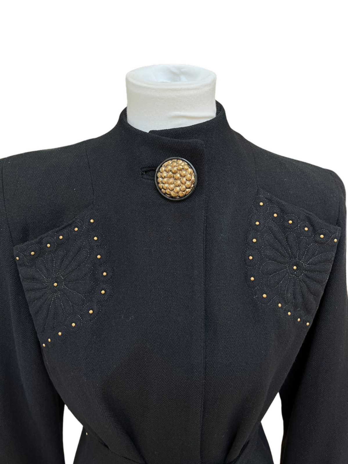 VTG 1930s 1940s Black Wool Dress Coat Princess Studded Trapunto Belted XS/S