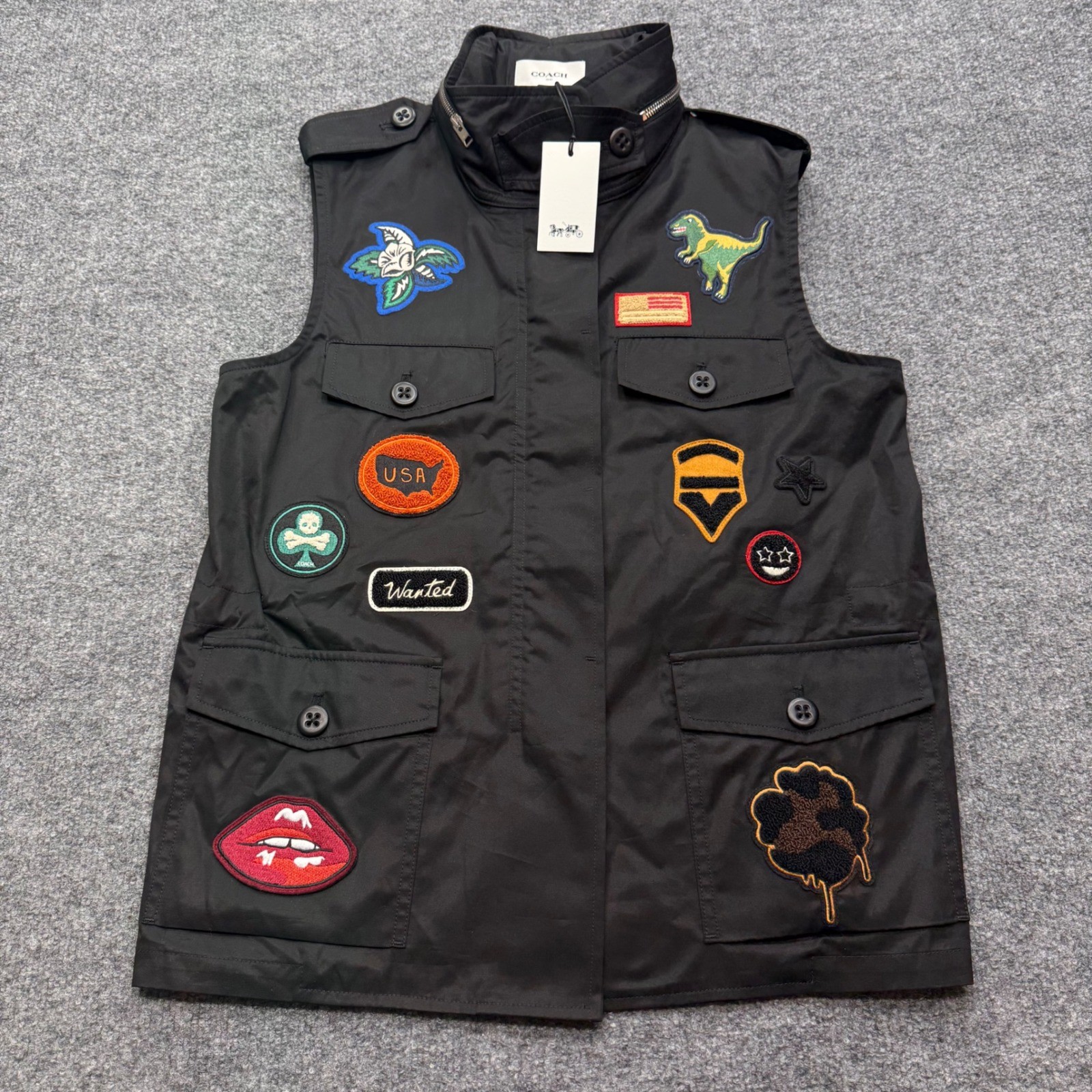 Coach 1941 Rexy Patch Military Vest Black Cotton Sleeveless Jacket 55002 Size 6