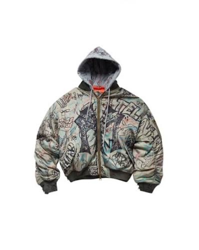 MOWALOLA Graffiti Detachable-Hood Bomber by Mowalola. MOWALOLA Graffiti Detachable-Hood Bomber by Mowalola.