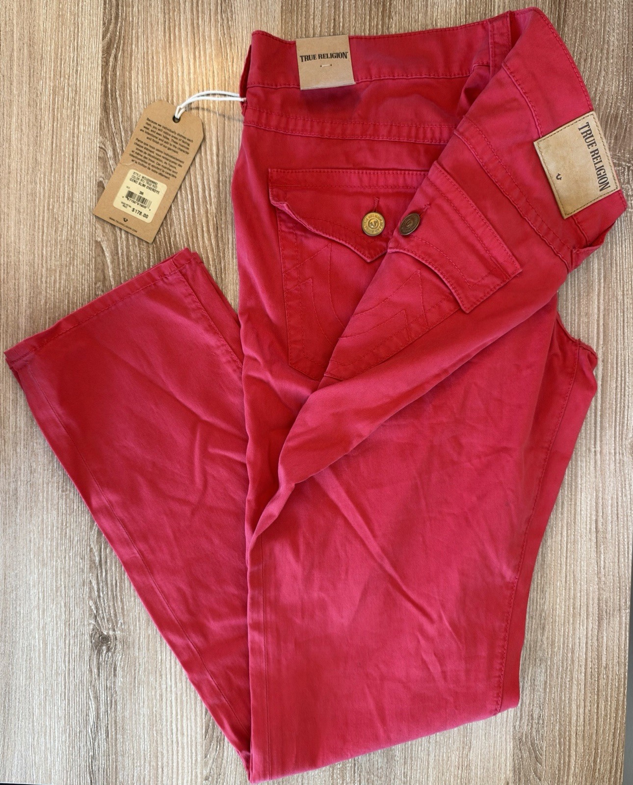NWT True Religion Geno Slim Overdye Jeans Men 36 True Red Relaxed Slim Stretch