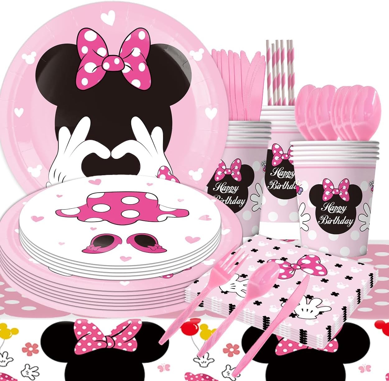 91Pcs Pink Mouse Party Supplies Tableware Set Cartoon Birthday Decorations