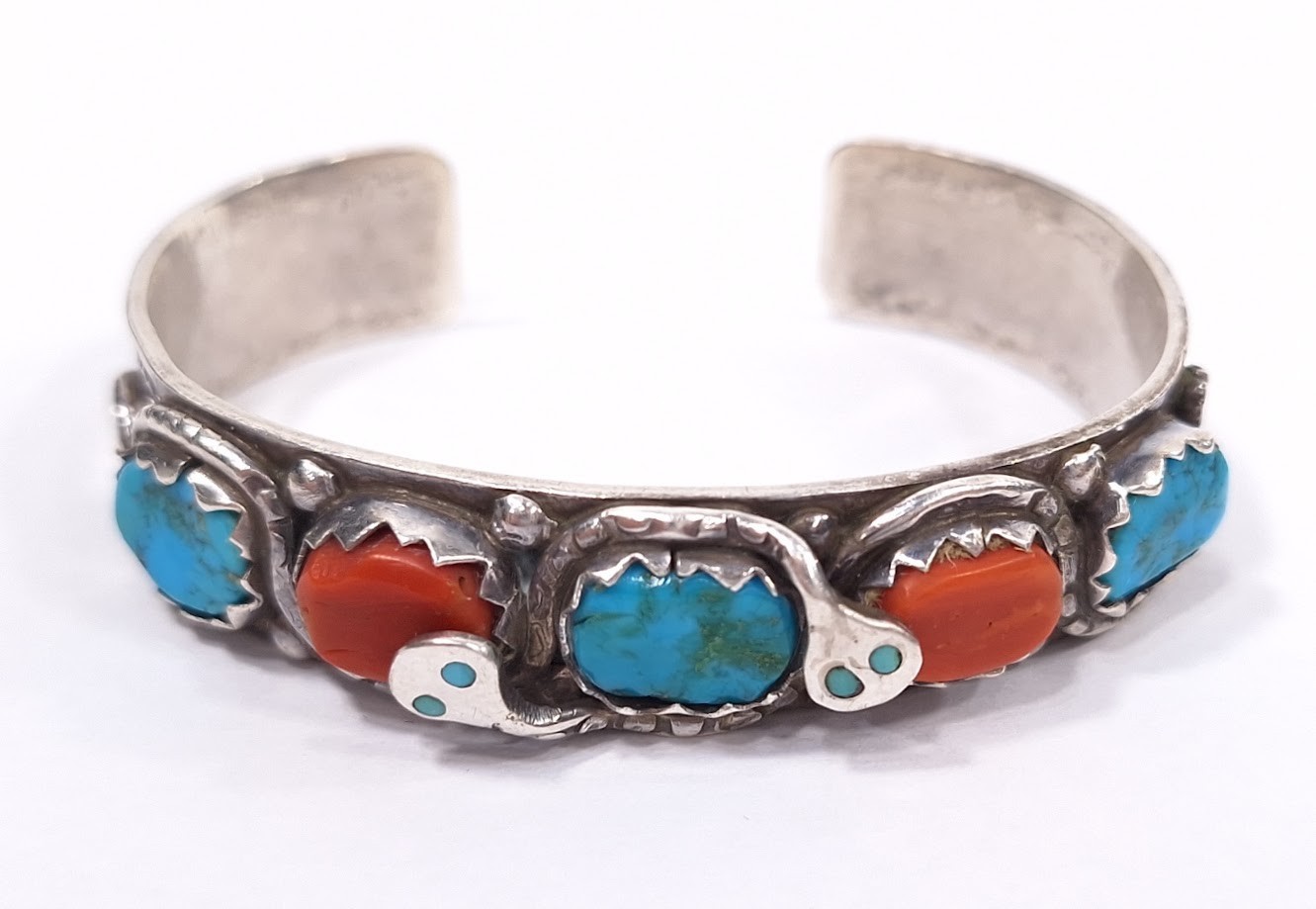 Effie Calavaza Sterling Silver Zuni Turquoise Coral Snake Bracelet (11106219)