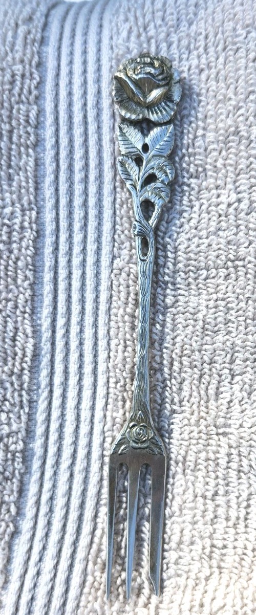 VINTAGE ROSE PATTERN Marked 800  SILVER Demitass Fork ***Beautiful***