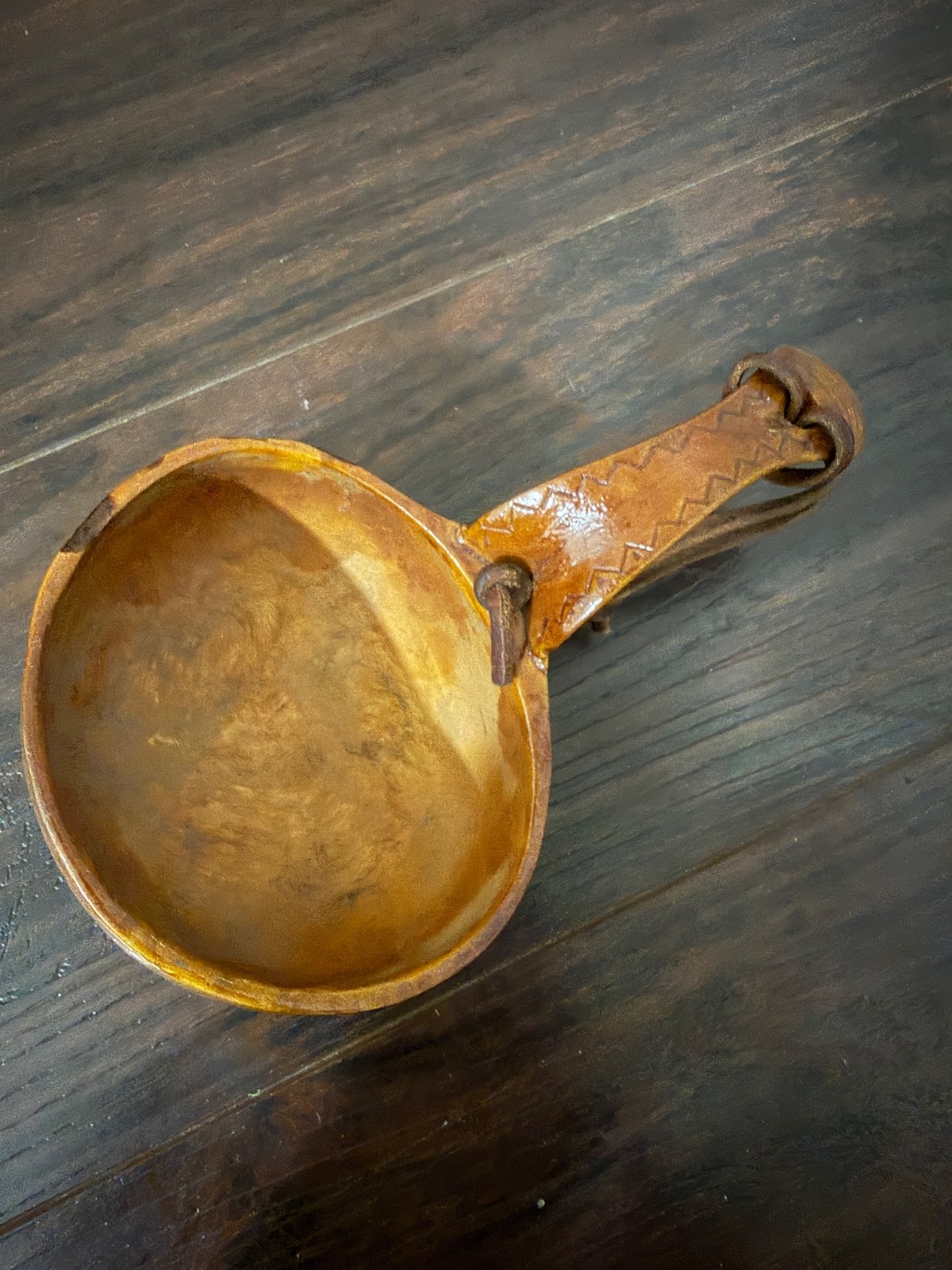 Antique 1926 Scandinavian Hand carved Wooden Kuksa Cup Folk Art Leather
