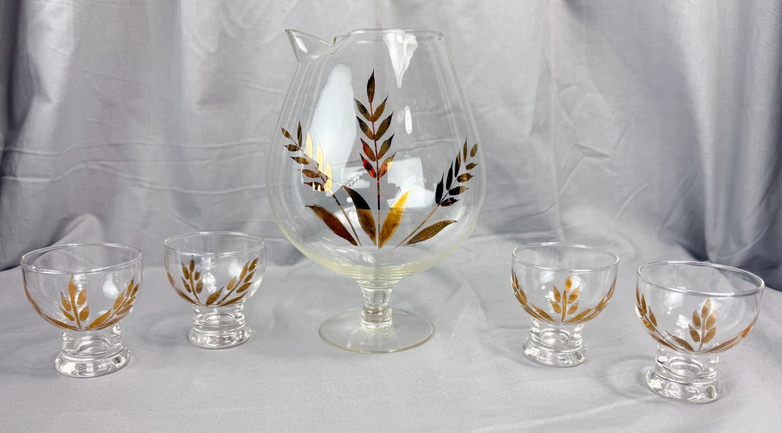 Vintage MCM Gold Wheat Glass Pitcher & 4 Cocktail Glasses Set Mid Century Retro