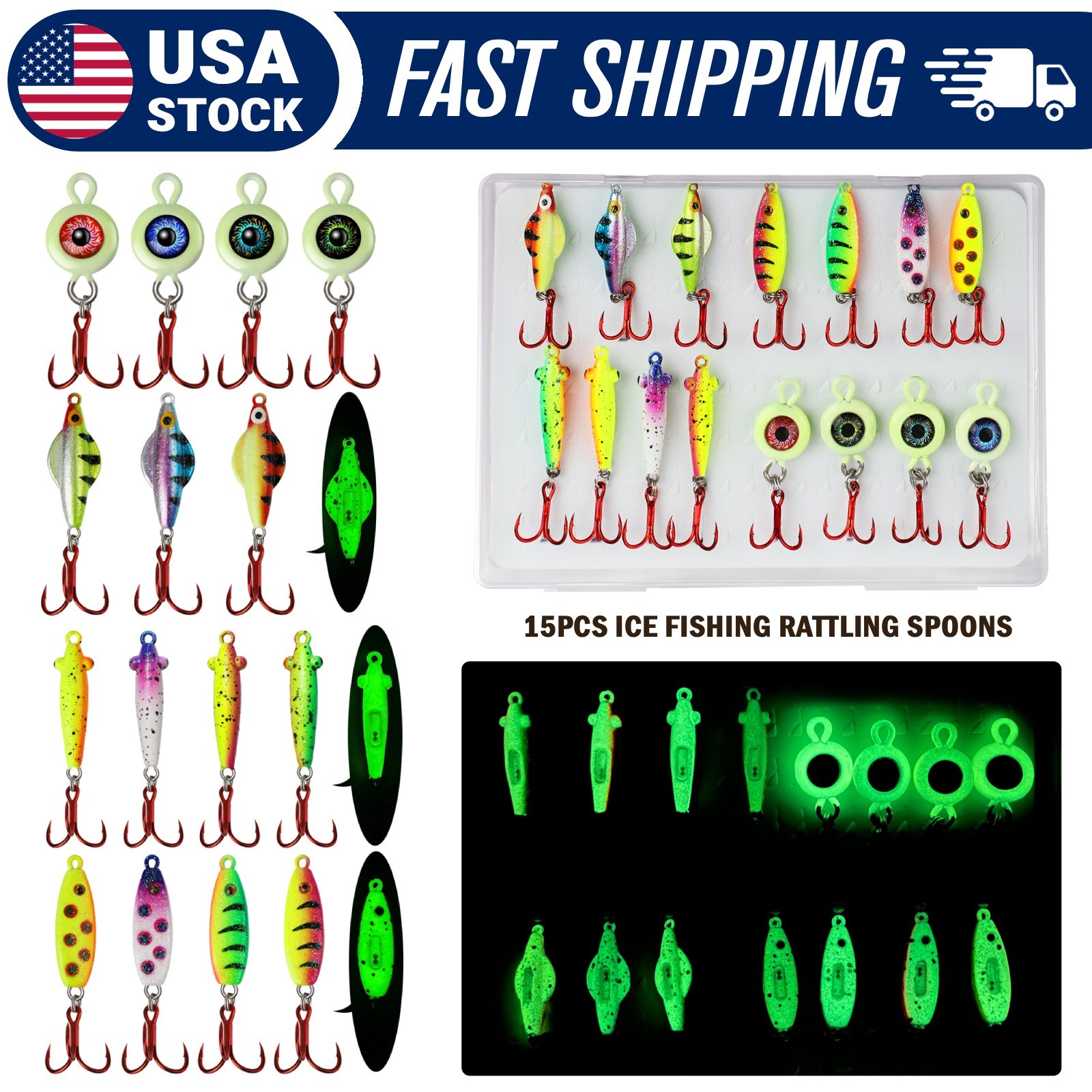 15PCS Dovesun Ice Fishing Spoons Kit – Rattling Glow Lures Treble Hook for Bass