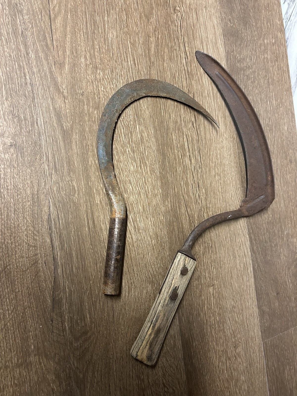 Two Antique Vintage Rustic Farm Hand Scythe Sickles Hand Tools Two Antique Vintage Rustic Farm Hand Scythe Sickles Hand Tools