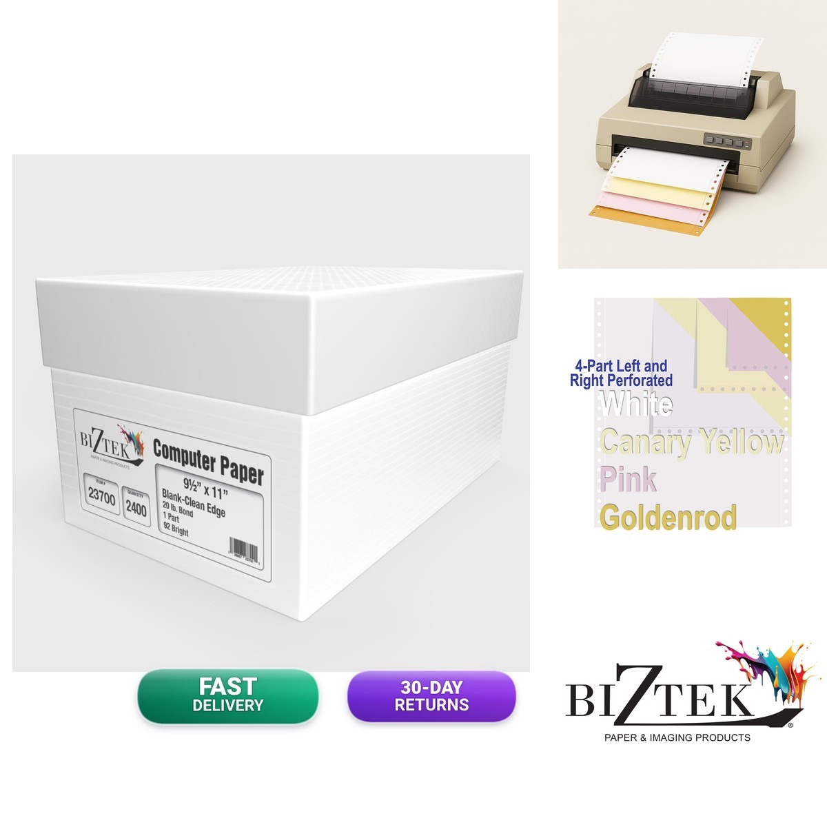 Biztek 23700A Continuous Computer Paper 9 1/2 x 11 Blank White 1 Part 20 lb 92