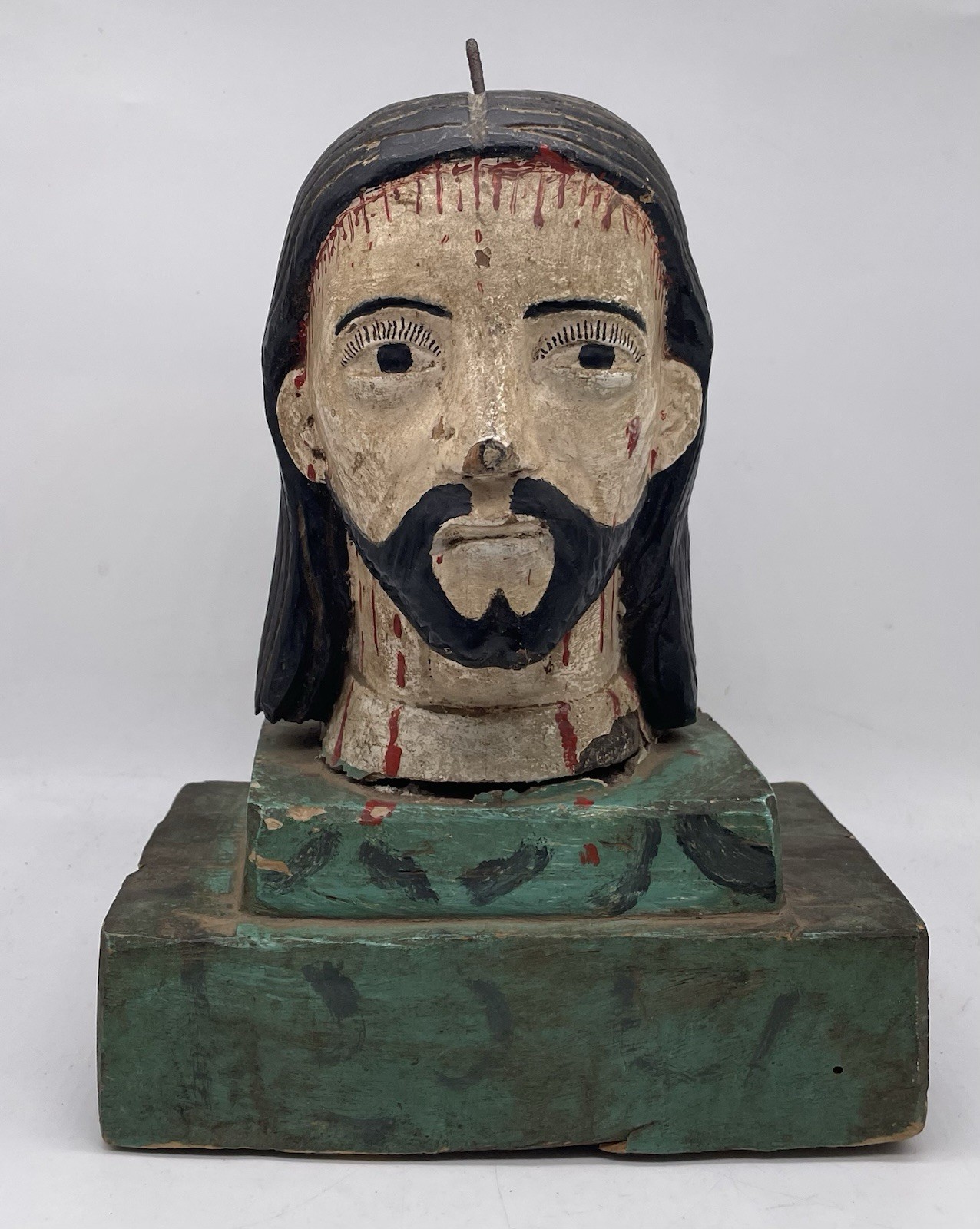 Antique Spanish Colonial 19th C. Wood Carved Christ Bust Polychrome Jesus Santo Antique Spanish Colonial 19th C. Wood Carved Christ Bust Polychrome Jesus Santo