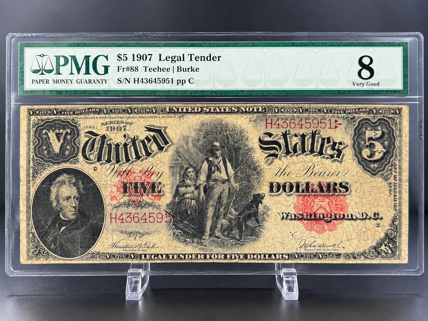 1907 $5 U.S. Legal Tender Note – Fr. 88 – Teehee/Burke – PMG 8 Very Good