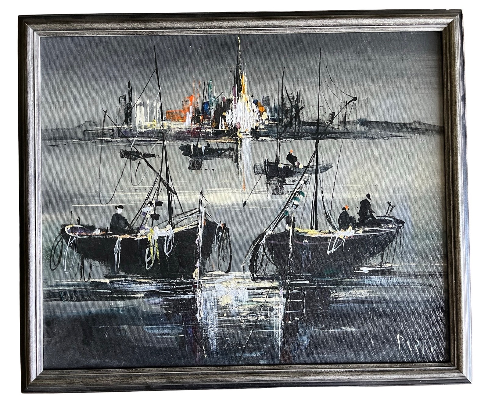 Vintage MCM Abstract Expressionist Oil Painting Red Harbor Boats Ships Horizon Vintage MCM Abstract Expressionist Oil Painting Red Harbor Boats Ships Horizon