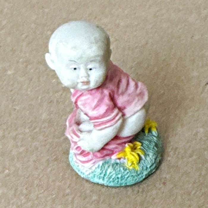 Vintage Porcelain Baby Figurine Seated Painted Pink Outfit with Flowers Small