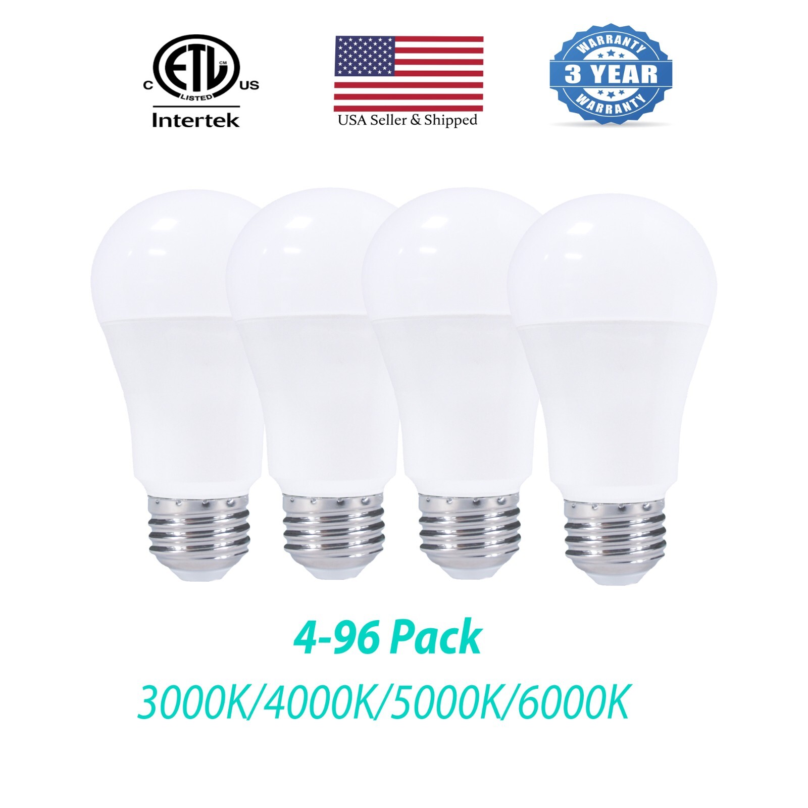 4-96 Pack A19 15W Dimmable LED Bulbs 1600lms ETL Listed 100W Equivalent 120V E26