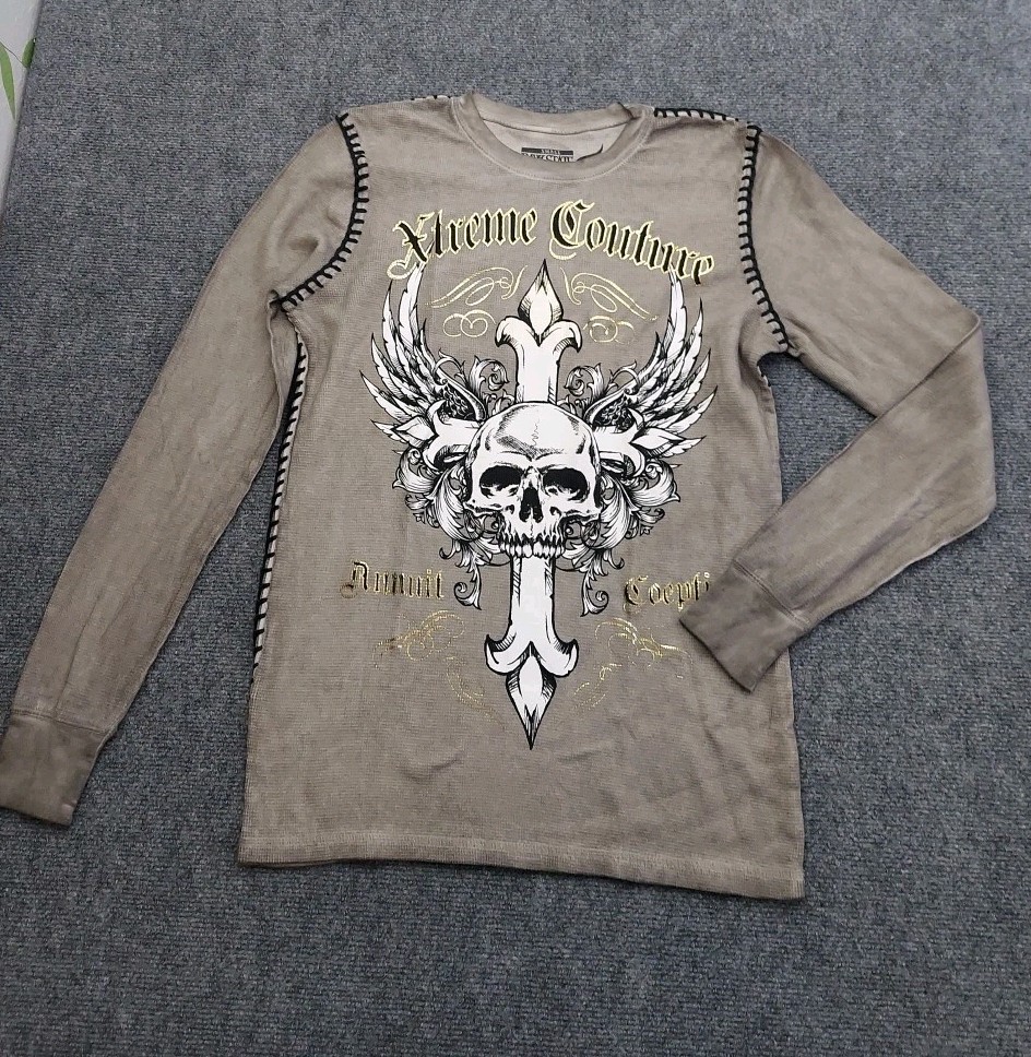 Xtreme Couture Raw State Shirt S  Brown Cross Skull Gothic Long Sleeve Thermal