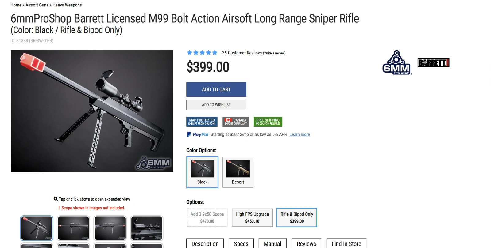 6mmProShop Barrett Licensed M99 Bolt Action Airsoft Sniper Rifle + Bipod only