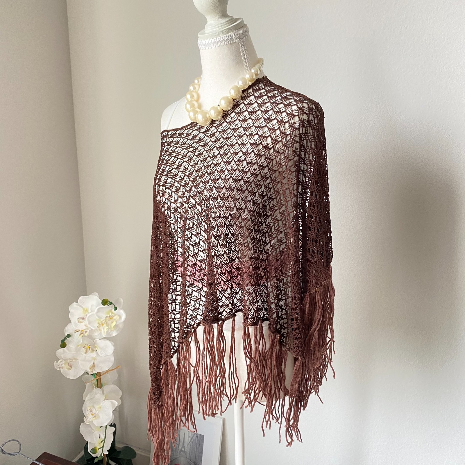 Vintage Vibe Brown Crochet Fringe Poncho / Shawl One Size Vintage Vibe Brown Crochet Fringe Poncho / Shawl One Size
