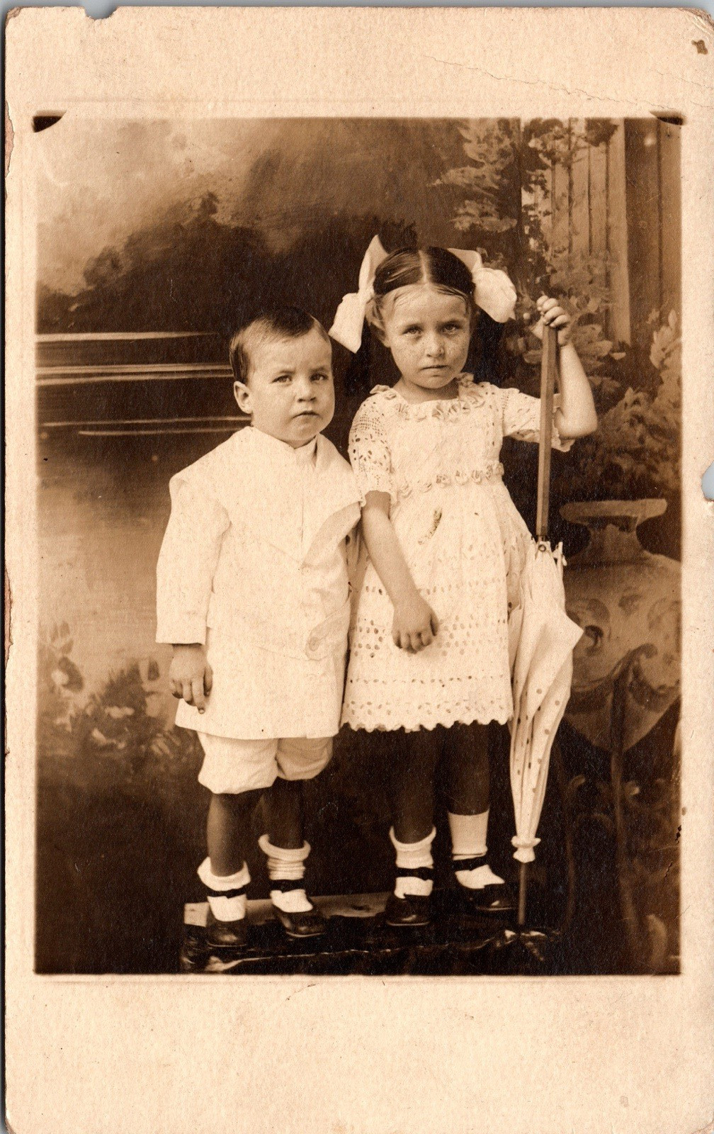 Postcard Real Photo RPPC Young Children Holding Umbrella Studio Photo