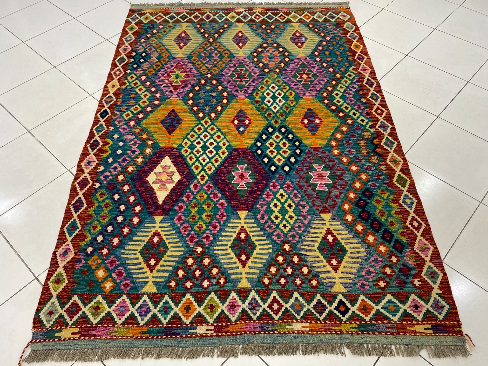5x7 ft Oriental Modern Turkish Geometric Multicolor Lovely Flatweave Wool Kilim