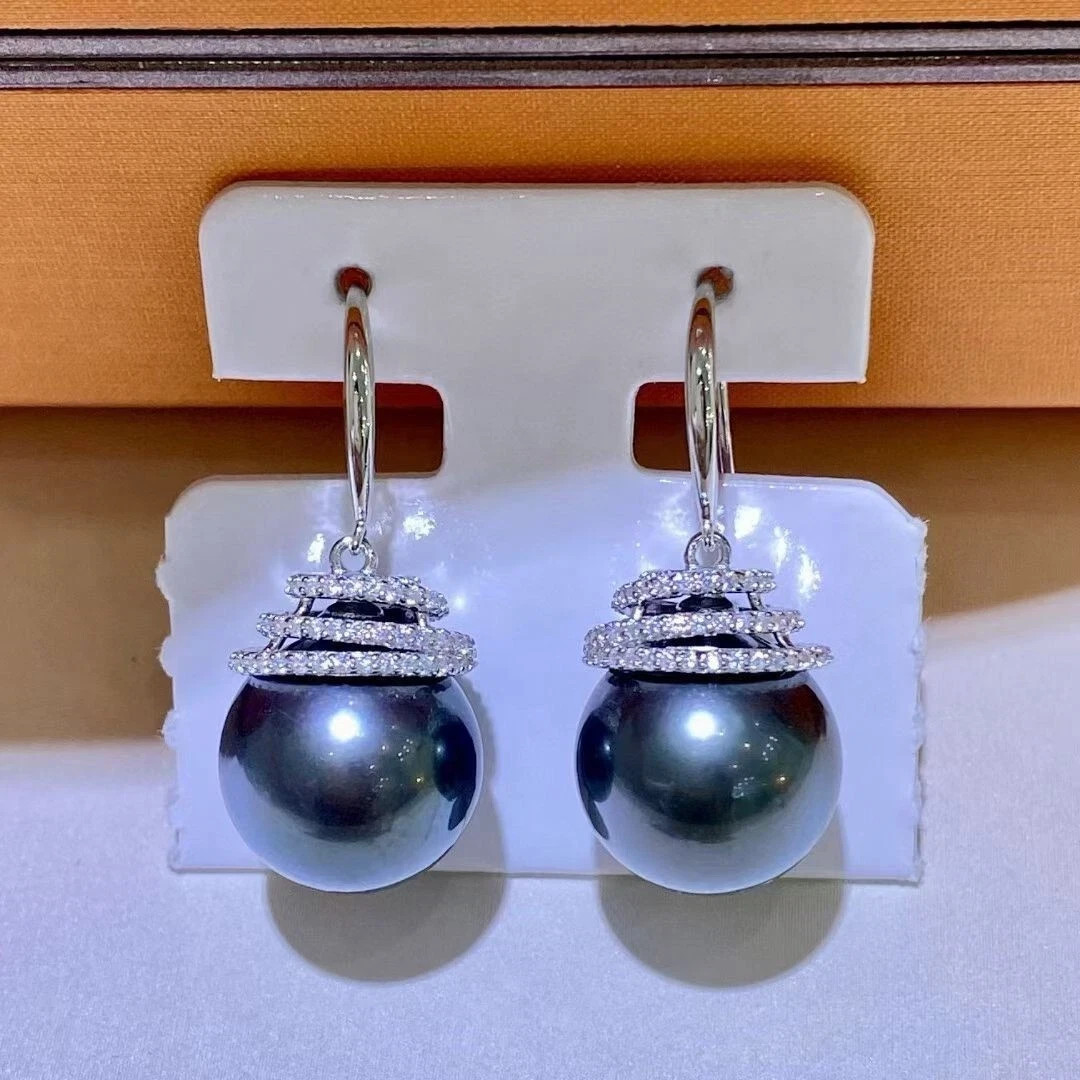 stunning 11-12mm tahitian round black green pearl dangle earring 925s
